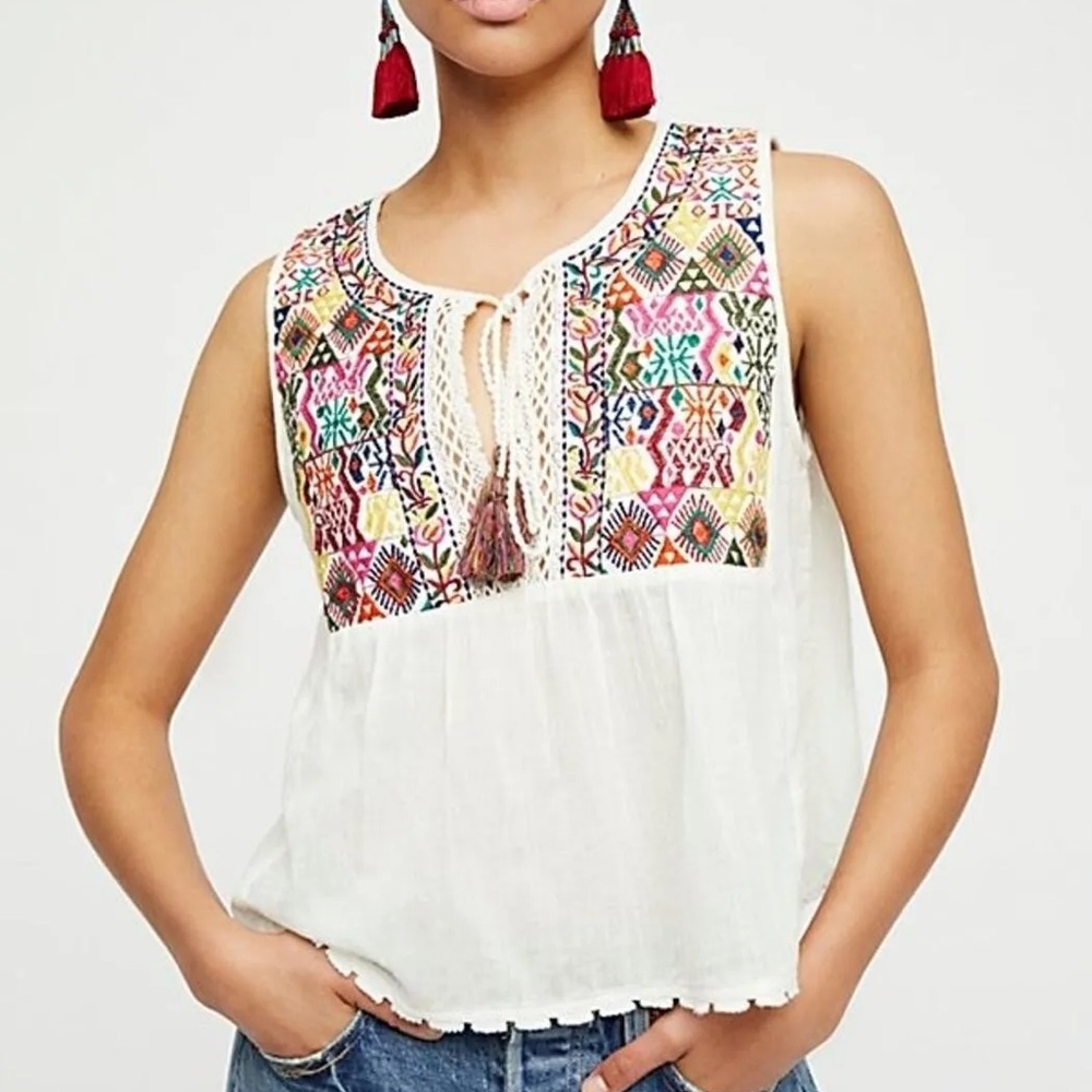 FREE PEOPLE Lohri Embroidered BoHo Top Size M